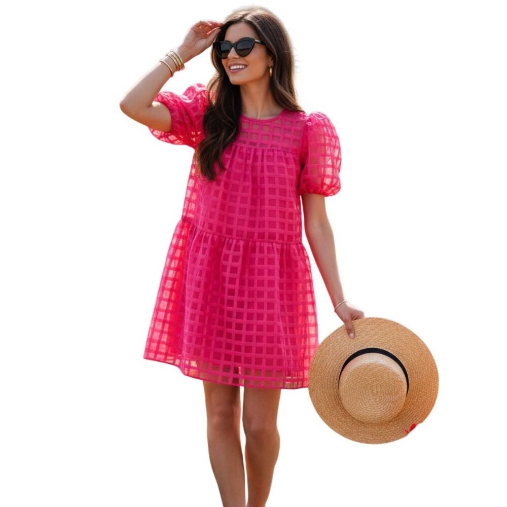 English Factory Organza Mini Dress Womens Small Fuchsia‎ Pink Grid Puff Sleeve